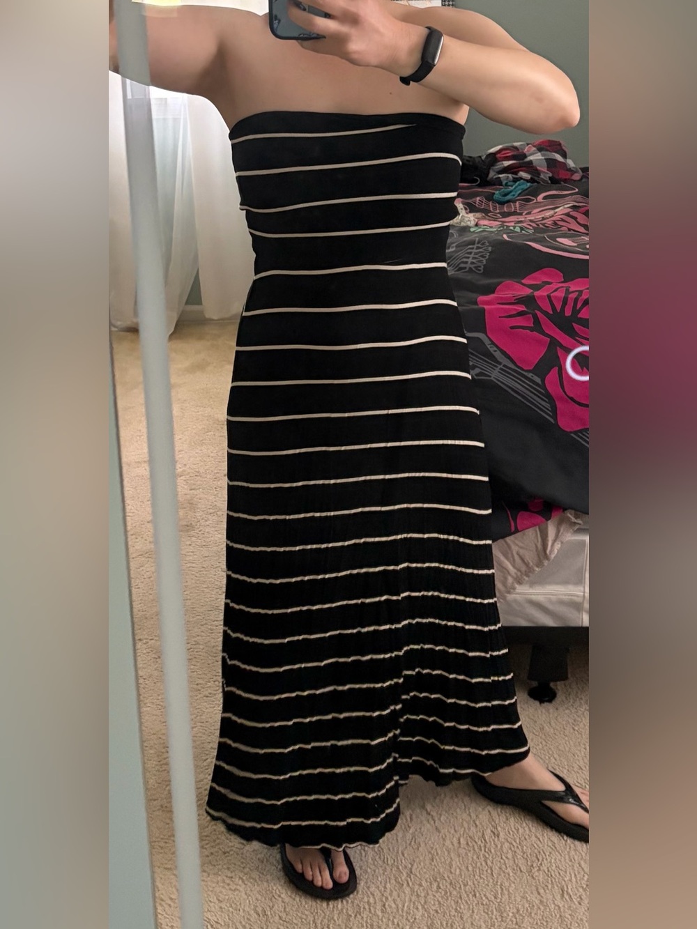 Strapless black and white stripe tube maxi dress S small